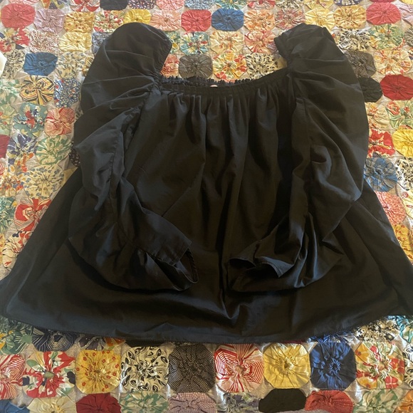 Kate Spade | Black Ruched Puff Sleeve Square-Neck Poplin Blouse Top, size 12 - Picture 8 of 9